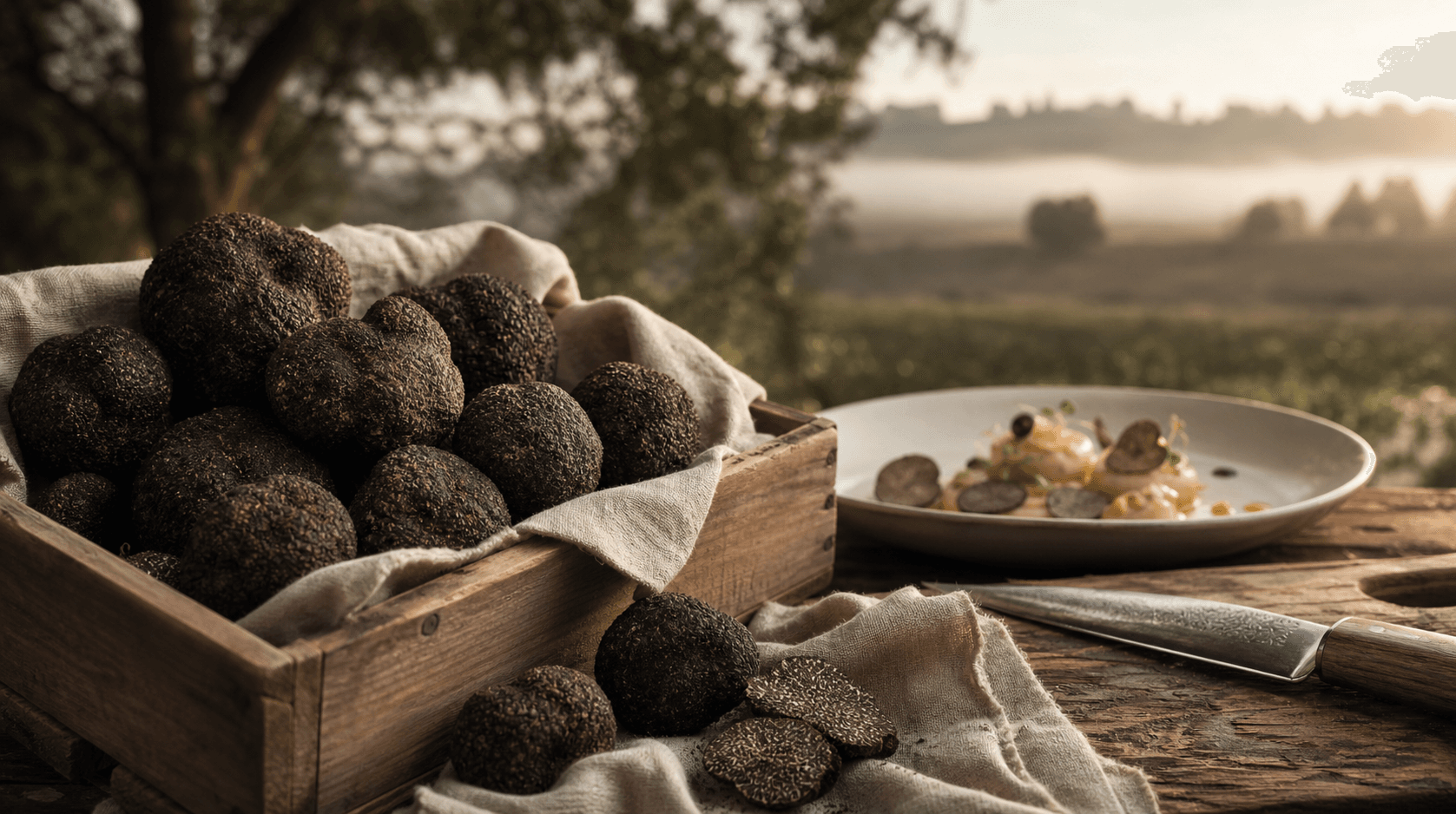 Freshly harvested Australian black truffles with plated dish